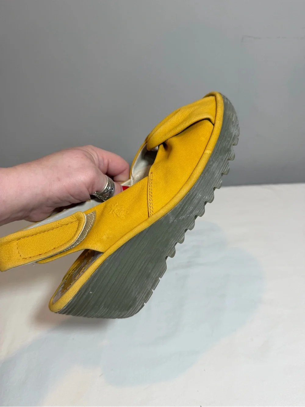 Fly London Yakin mustard yellow leather wedge platform sandals size 39